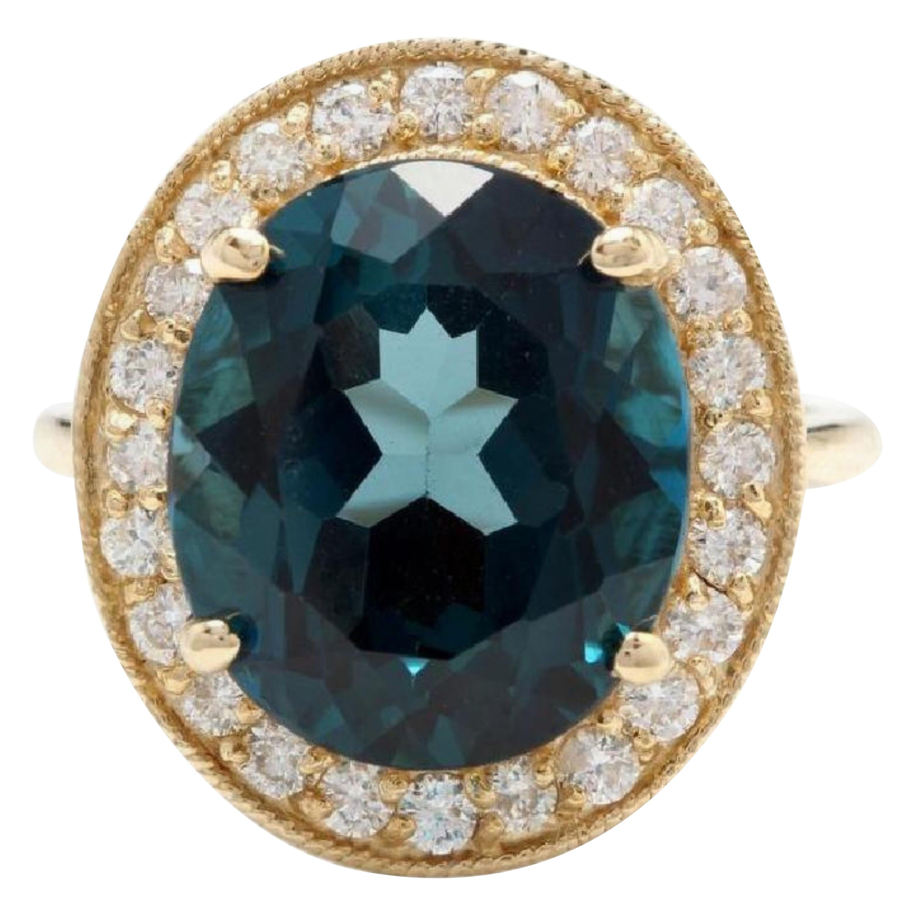10.75 Carat Natural London Blue Topaz and Diamond 14K Solid Yellow Gold Ring