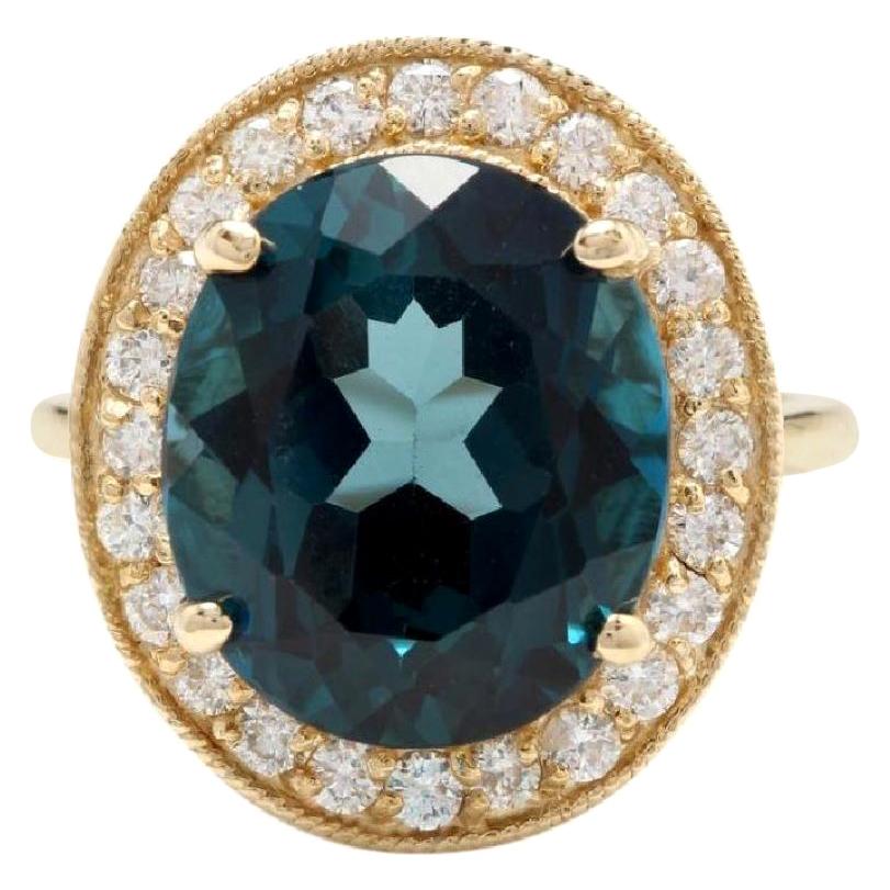 10.75 Carat Natural London Blue Topaz and Diamond 14k Solid Yellow Gold Ring