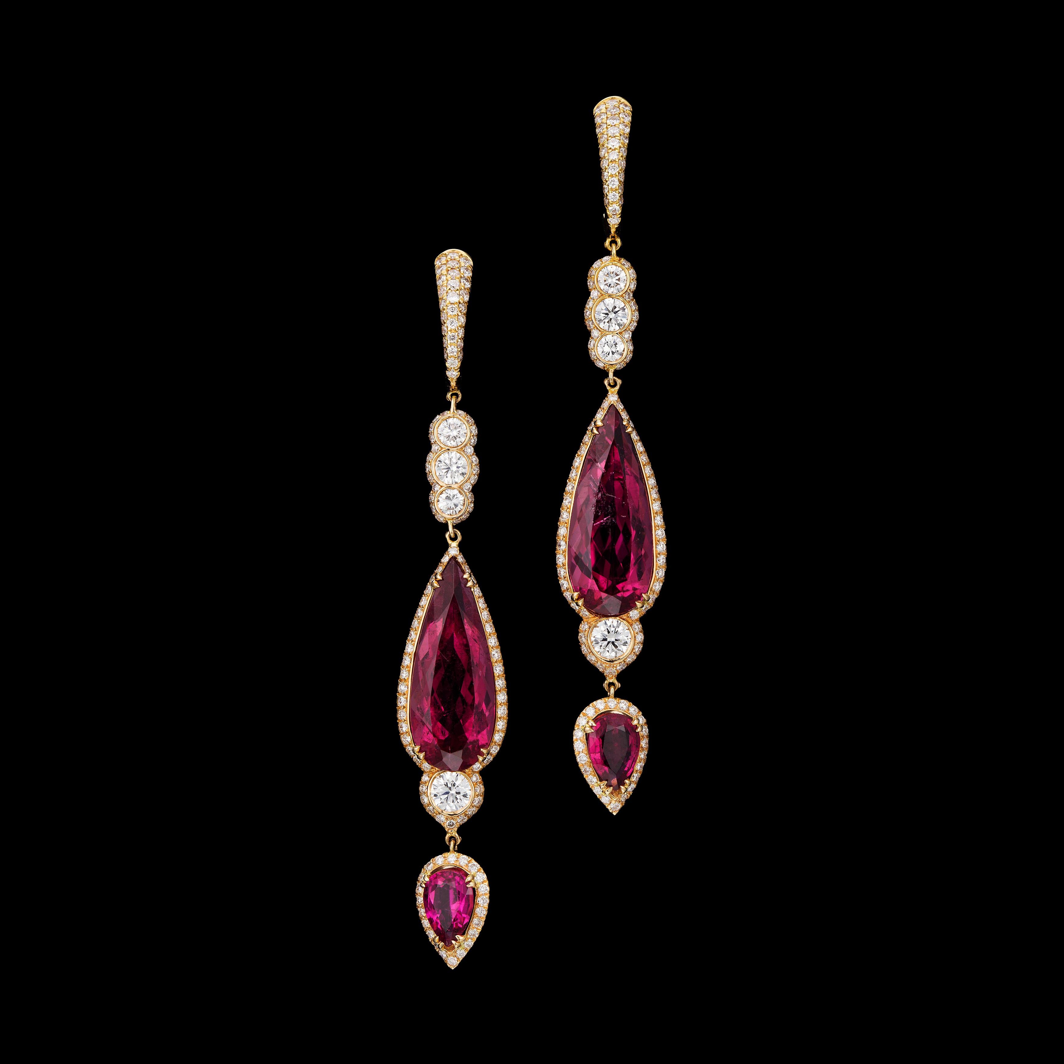 Red tourmaline and diamond dangle earrings in 18k rose gold