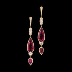 10.75 Carat Red Tourmaline Diamond Dangle Earrings in 18 Karat Rose Gold