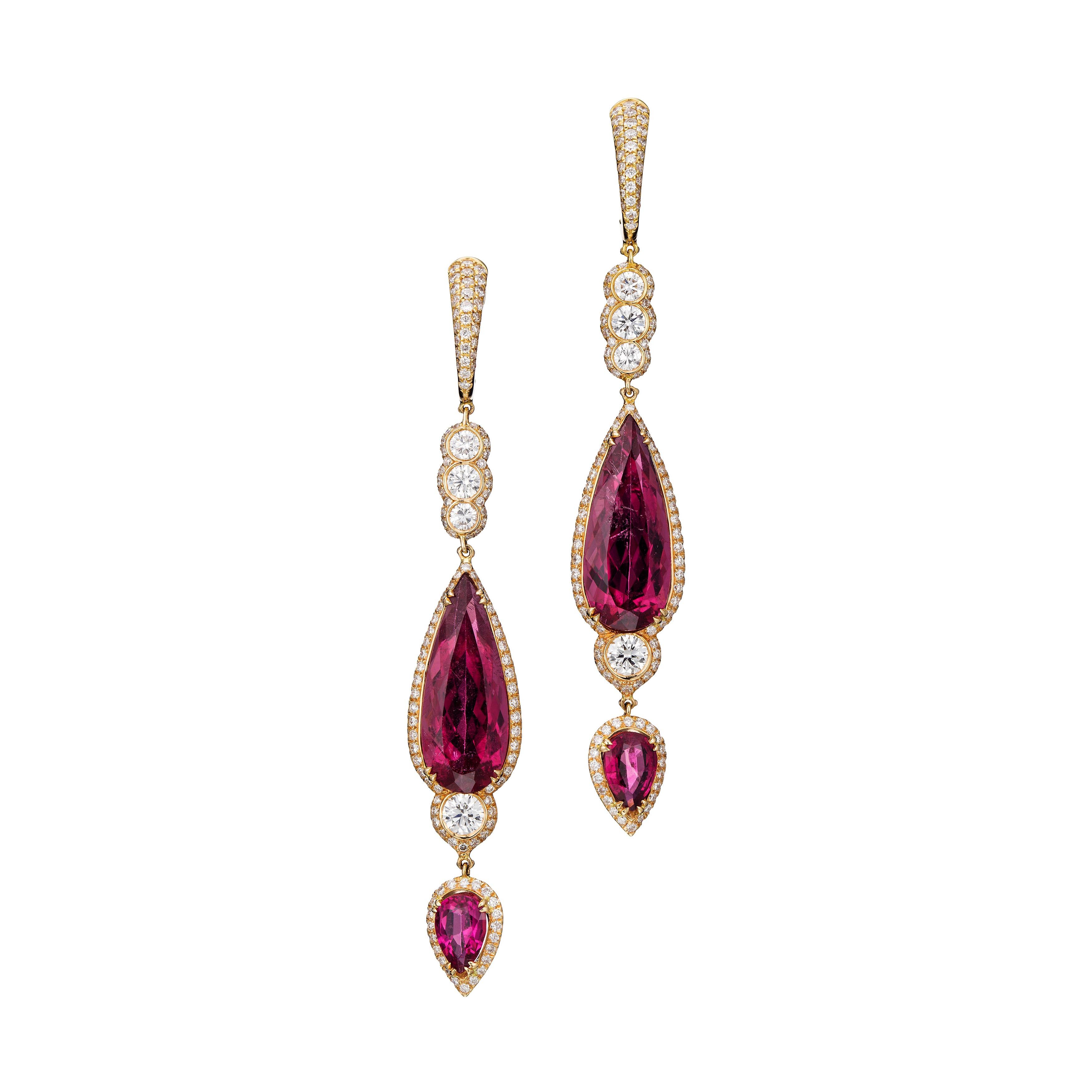 10.75 Carat Red Tourmaline Diamond Dangle Earrings in 18 Karat Rose Gold For Sale