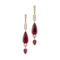 10.75 Carat Red Tourmaline Diamond Dangle Earrings in 18 Karat Rose Gold