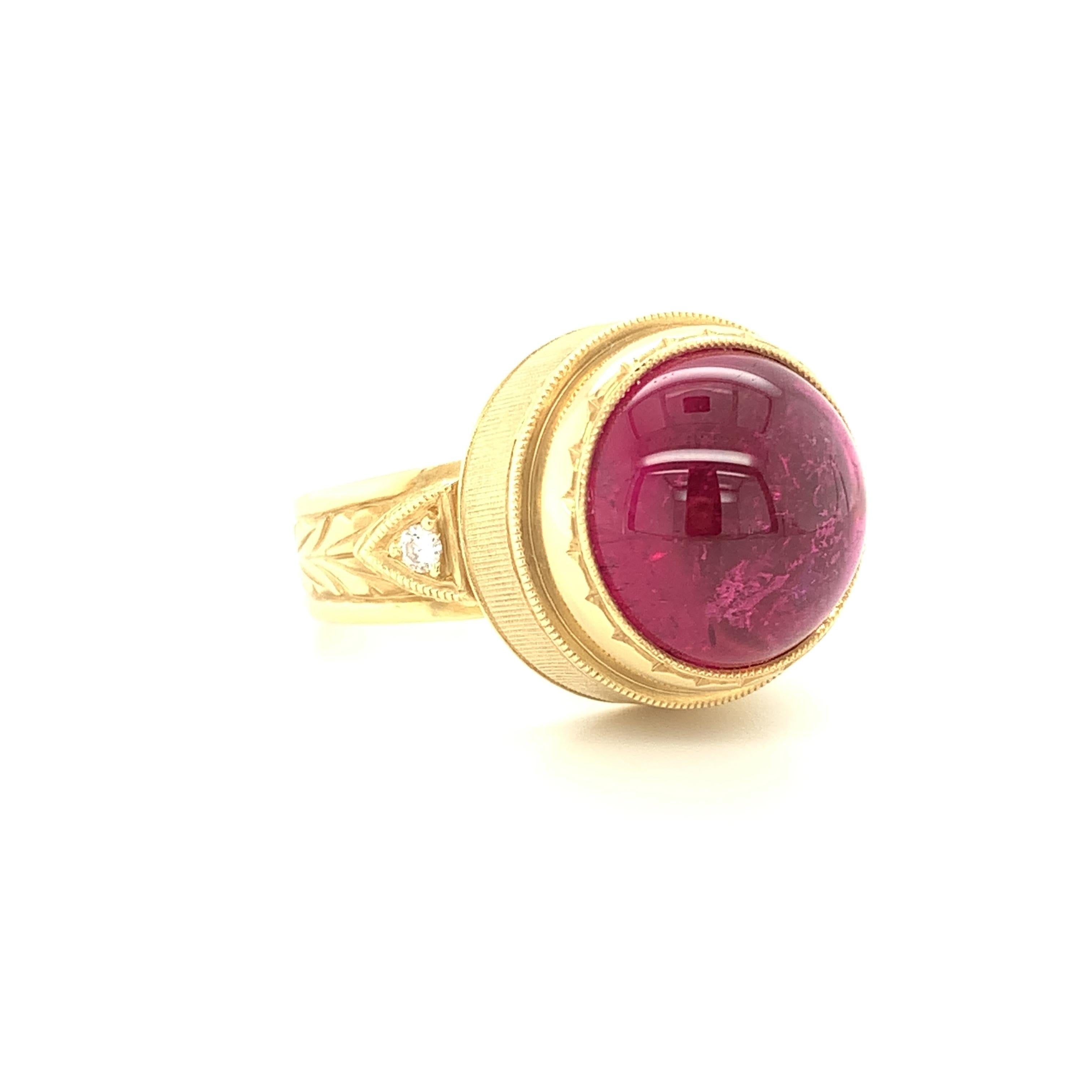 Antique Cushion Cut 10.75 Carat Rubellite Tourmaline Cabochon and Diamond Engraved Band Ring For Sale