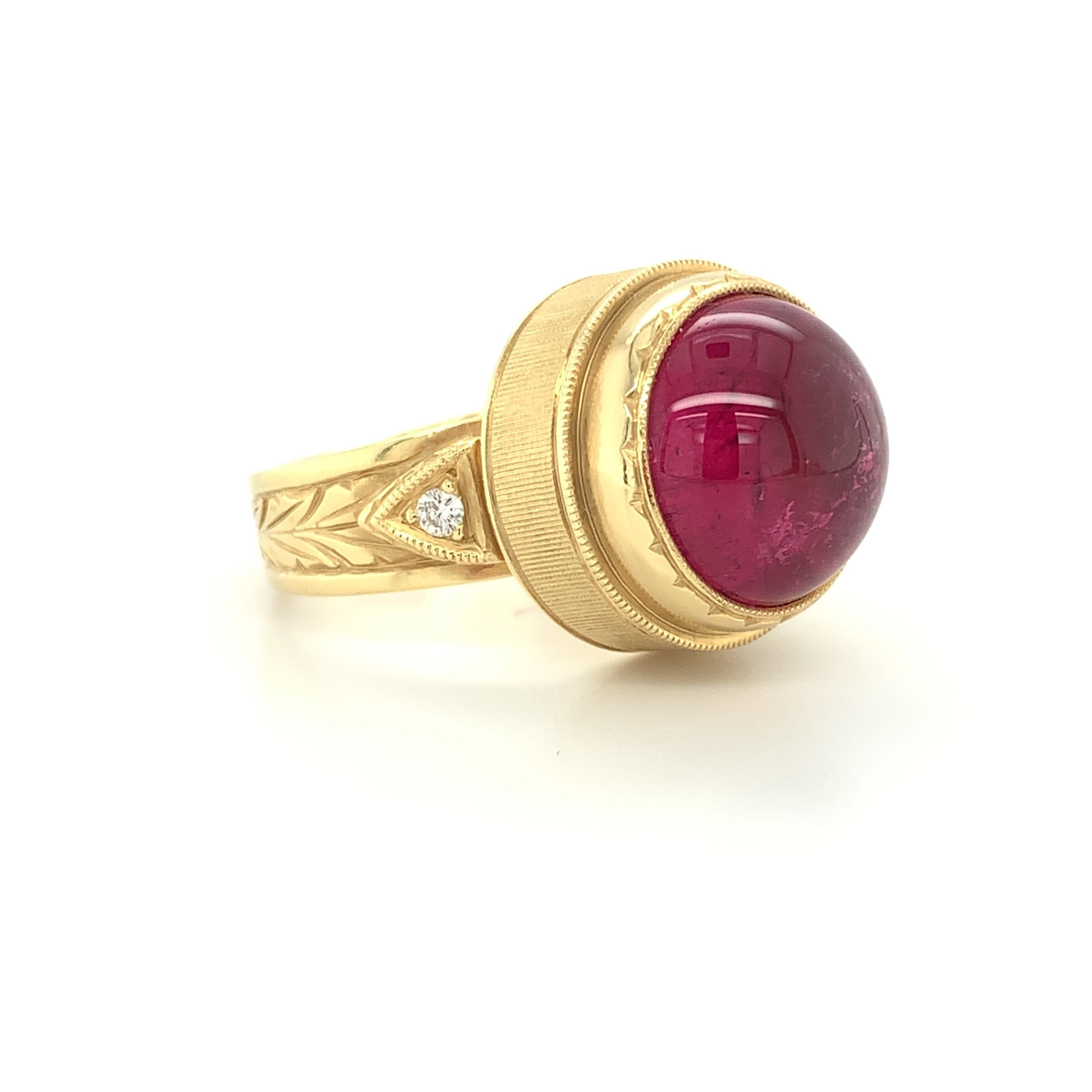10.75 Carat Rubellite Tourmaline Cabochon and Diamond Engraved Band Ring In New Condition For Sale In Los Angeles, CA