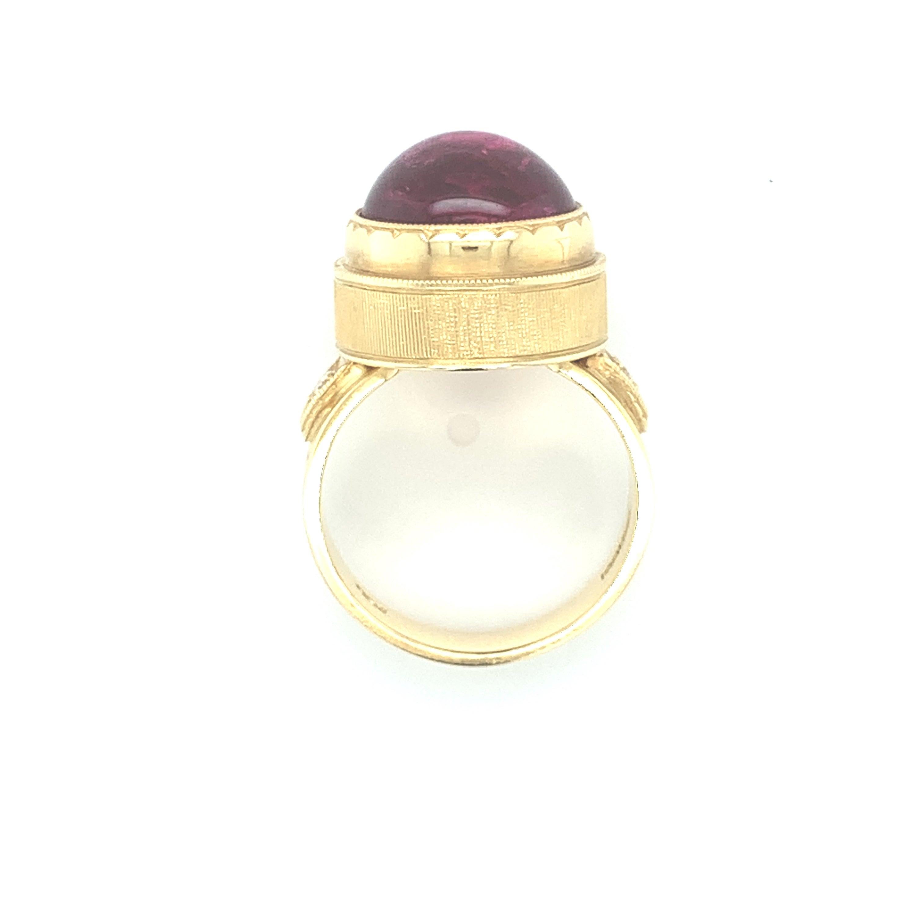 10.75 Carat Rubellite Tourmaline Cabochon and Diamond Engraved Band Ring  For Sale 2