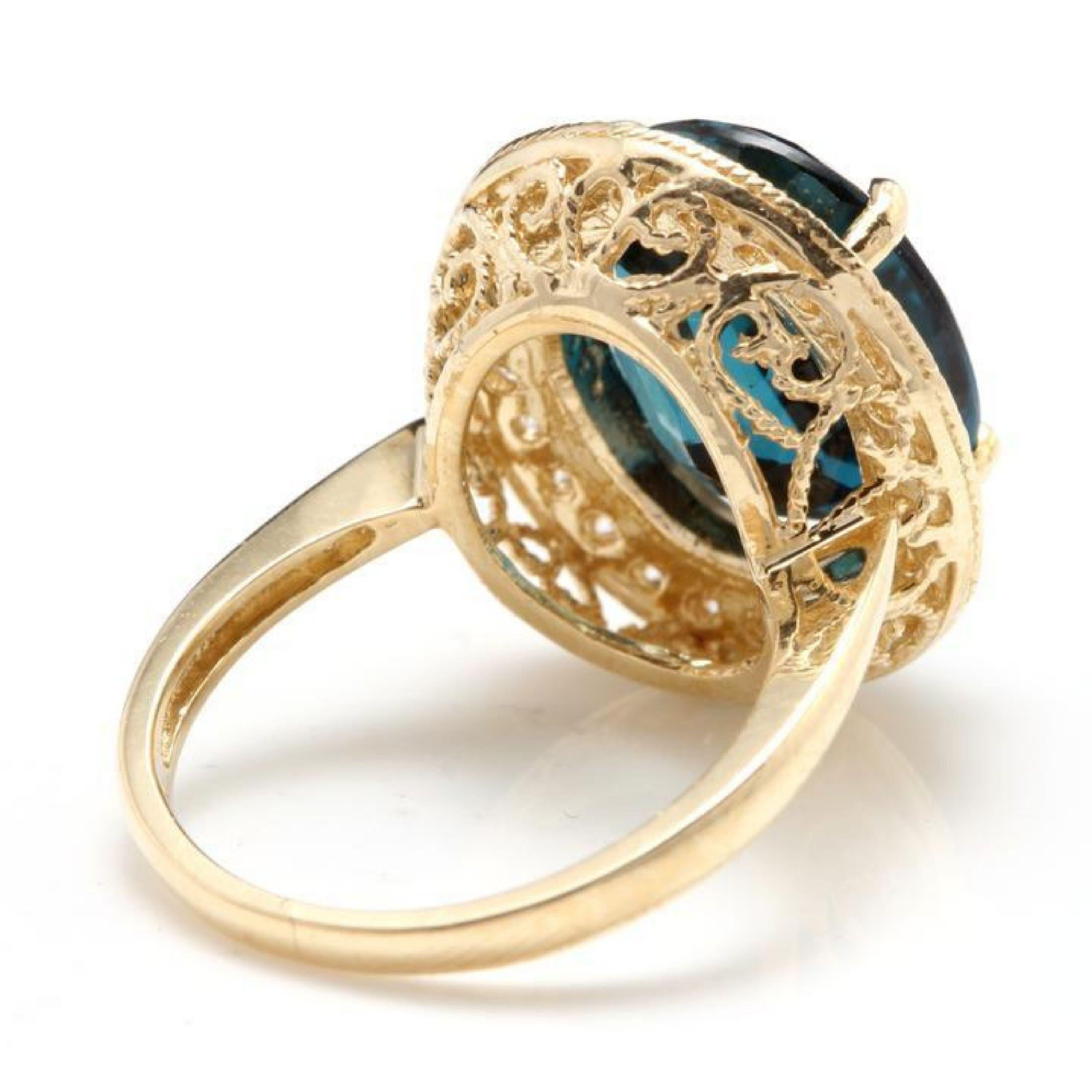 Mixed Cut 10.75 Carat Natural London Blue Topaz and Diamond 14K Solid Yellow Gold Ring