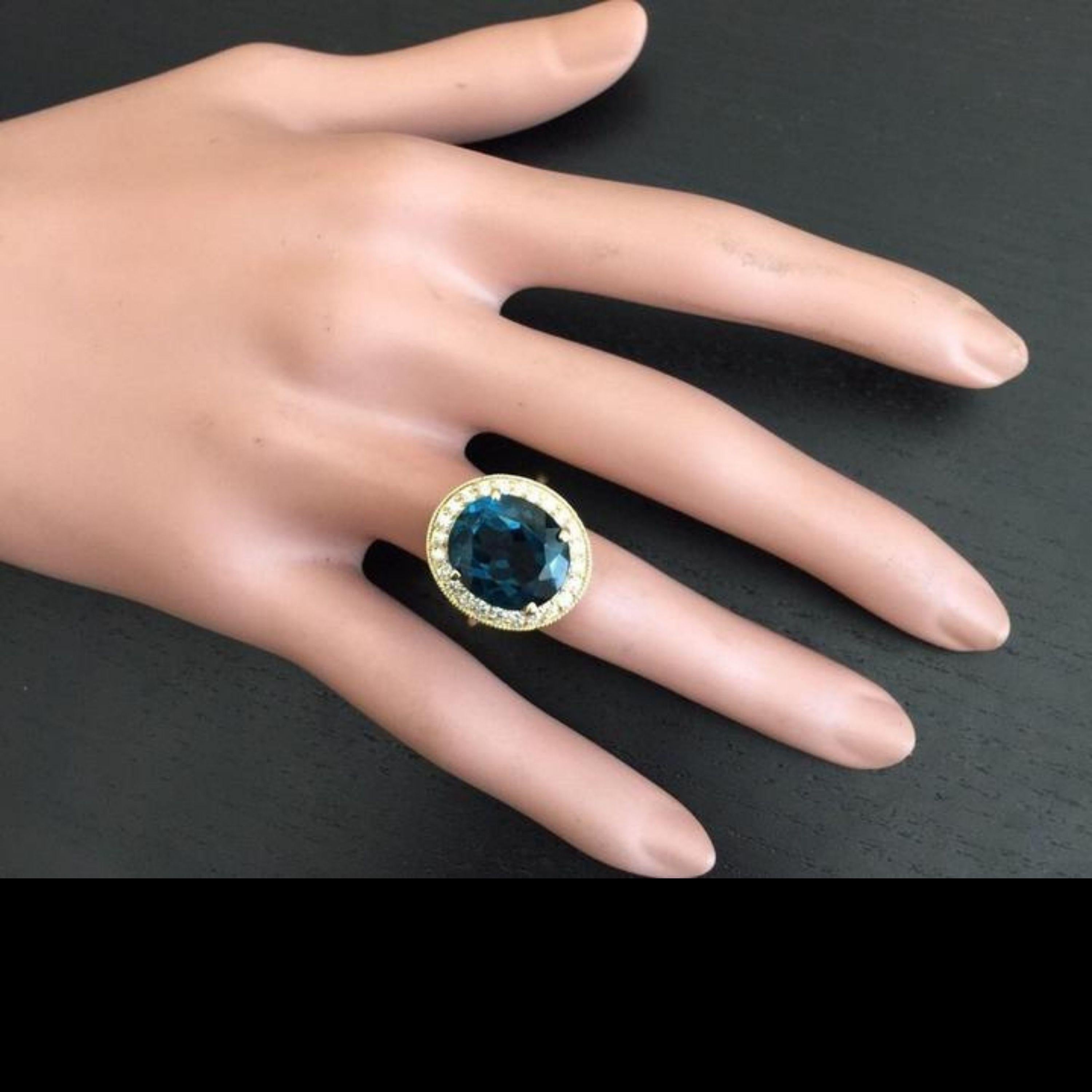 10.75 Carat Natural London Blue Topaz and Diamond 14K Solid Yellow Gold Ring In New Condition In Los Angeles, CA