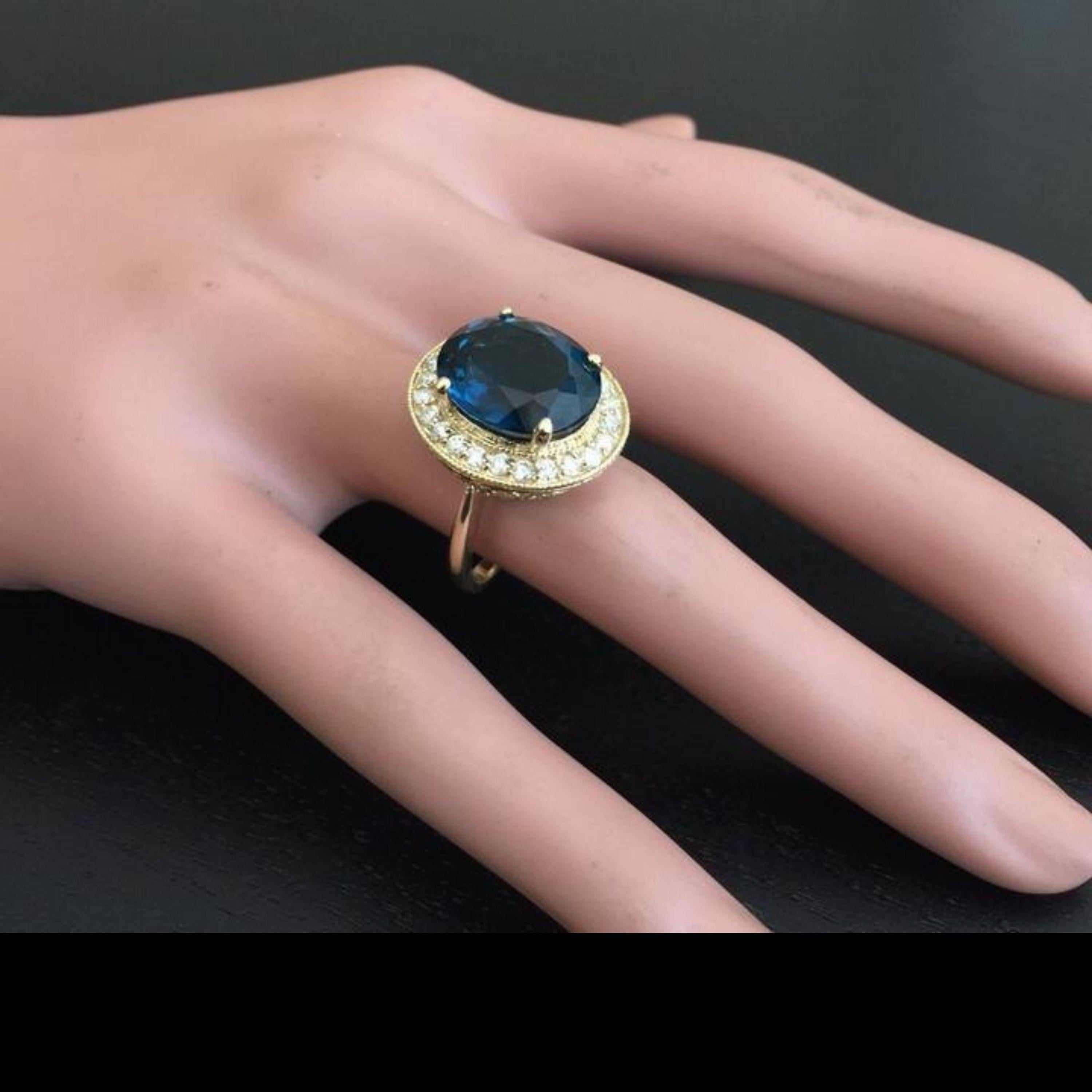 Women's 10.75 Carat Natural London Blue Topaz and Diamond 14K Solid Yellow Gold Ring