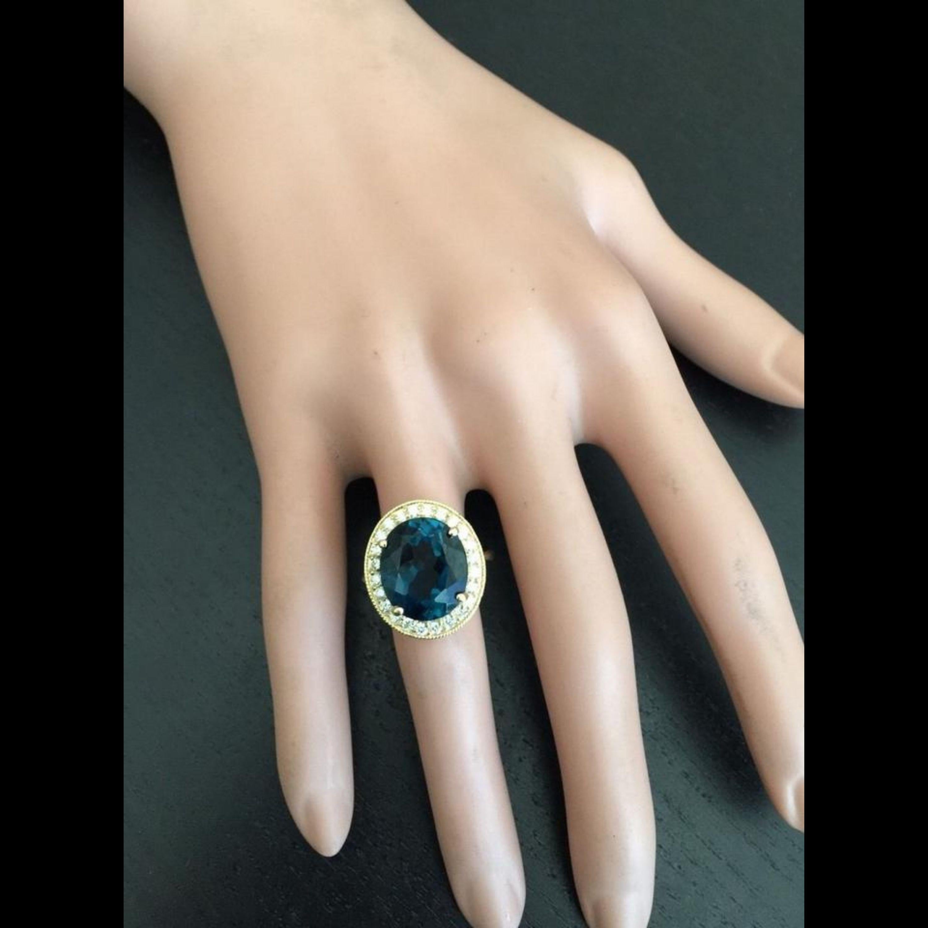 10.75 Carat Natural London Blue Topaz and Diamond 14K Solid Yellow Gold Ring 1