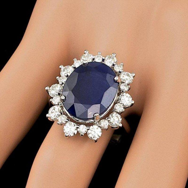 10.75ct Natural Blue Sapphire & Diamond 14k Solid White Gold Ring In New Condition For Sale In Los Angeles, CA