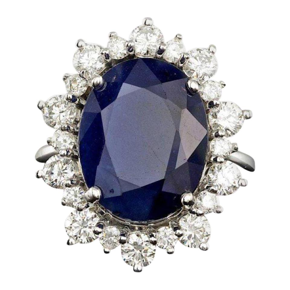 10.75ct Natural Blue Sapphire & Diamond 14k Solid White Gold Ring For Sale