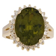 10.75ctw Oval Cut Peridot & Diamond Ring - 14k Yellow Gold Halo Size 9