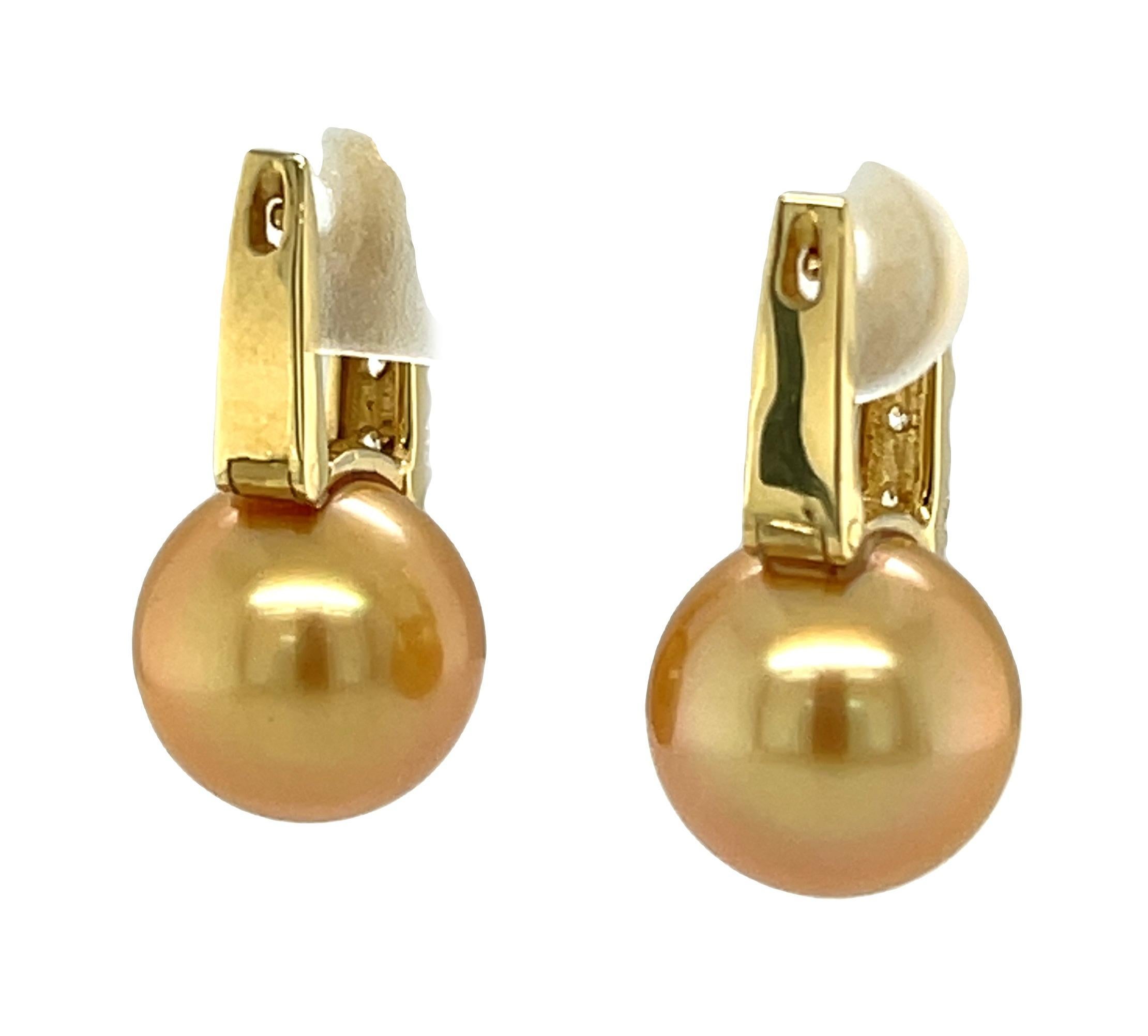Round Cut Golden South Seas Pearl and Diamond Drop Earrings in Yellow Gold For Sale