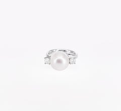 10.75mm South Sea White Pearl Diamond Ring 18K White Gold Three Stone