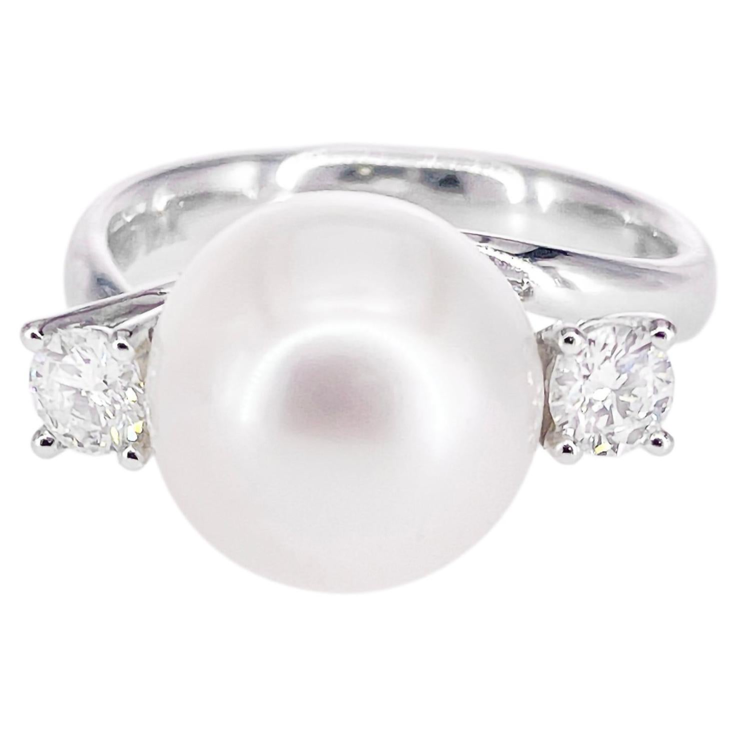 10.75mm South Sea White Pearl Diamond Ring 18K White Gold Three Stone