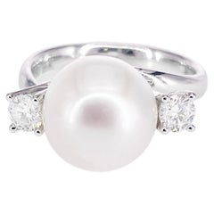 10.75mm South Sea White Pearl Diamond Ring 18K White Gold Three Stone