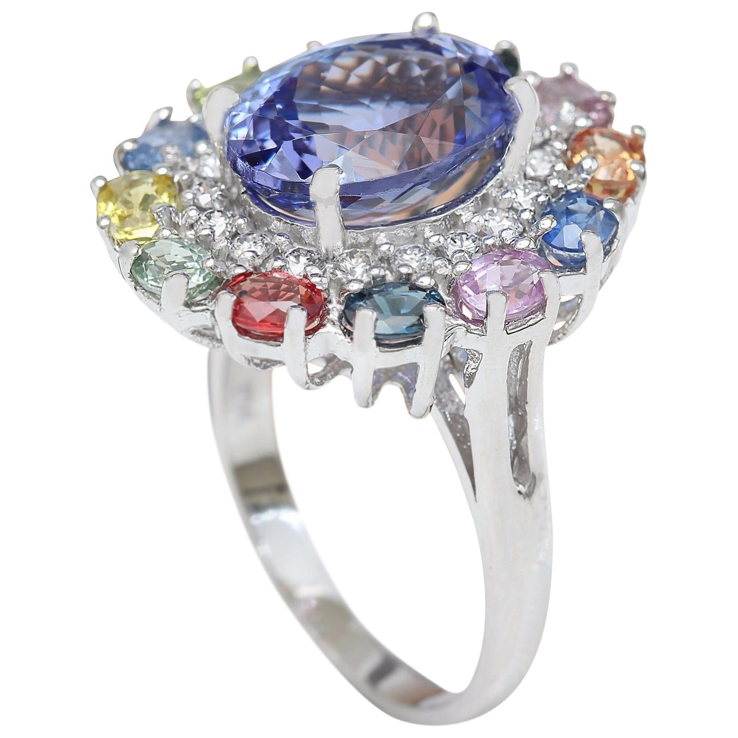 Women's Natural Tanzanite, Sapphire Diamond Ring In 14 Karat Solid White Gold  For Sale