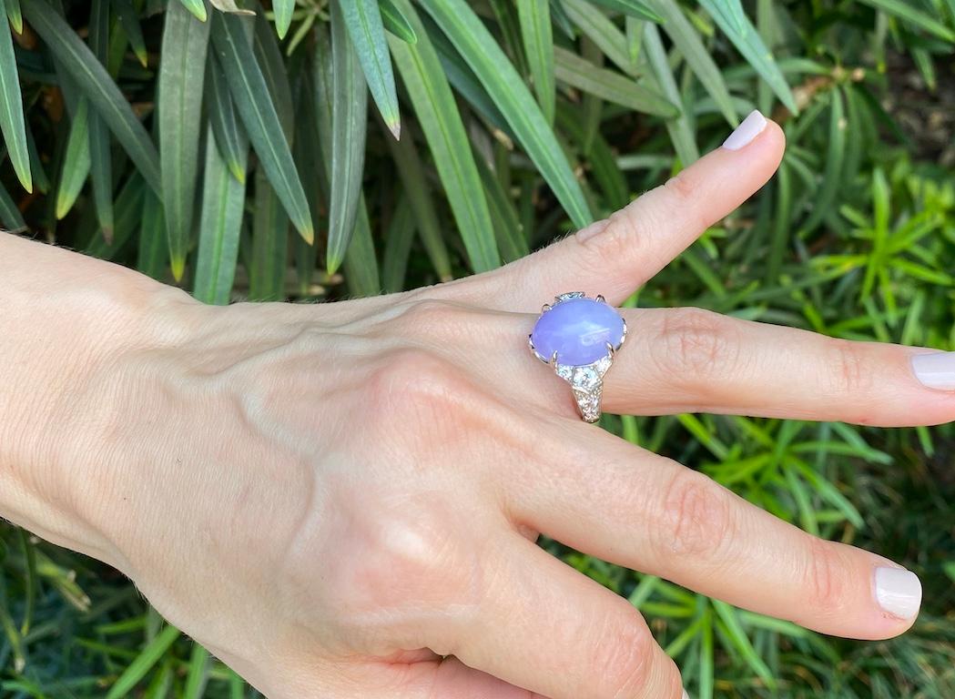 GIA 10.76 Carat Oval Cabochon Burmese Lavender Jadeite and Diamond Plat Ring  In New Condition In Charleston, SC