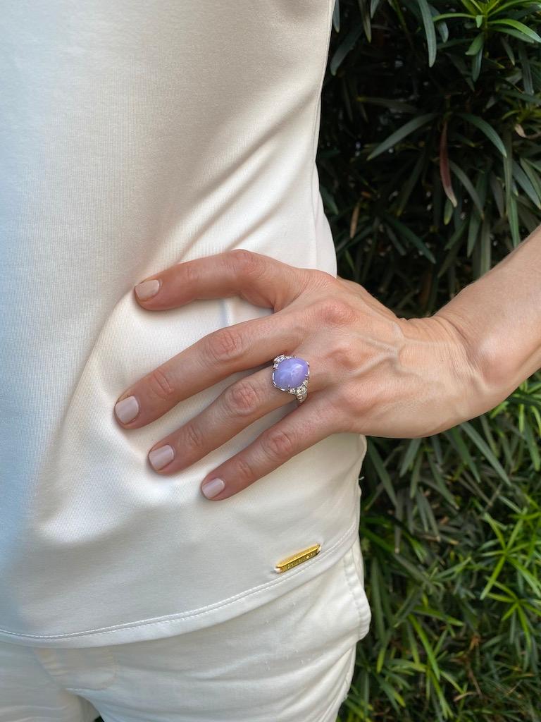 Oval Cut GIA 10.76 Carat Oval Cabochon Burmese Lavender Jadeite and Diamond Plat Ring 