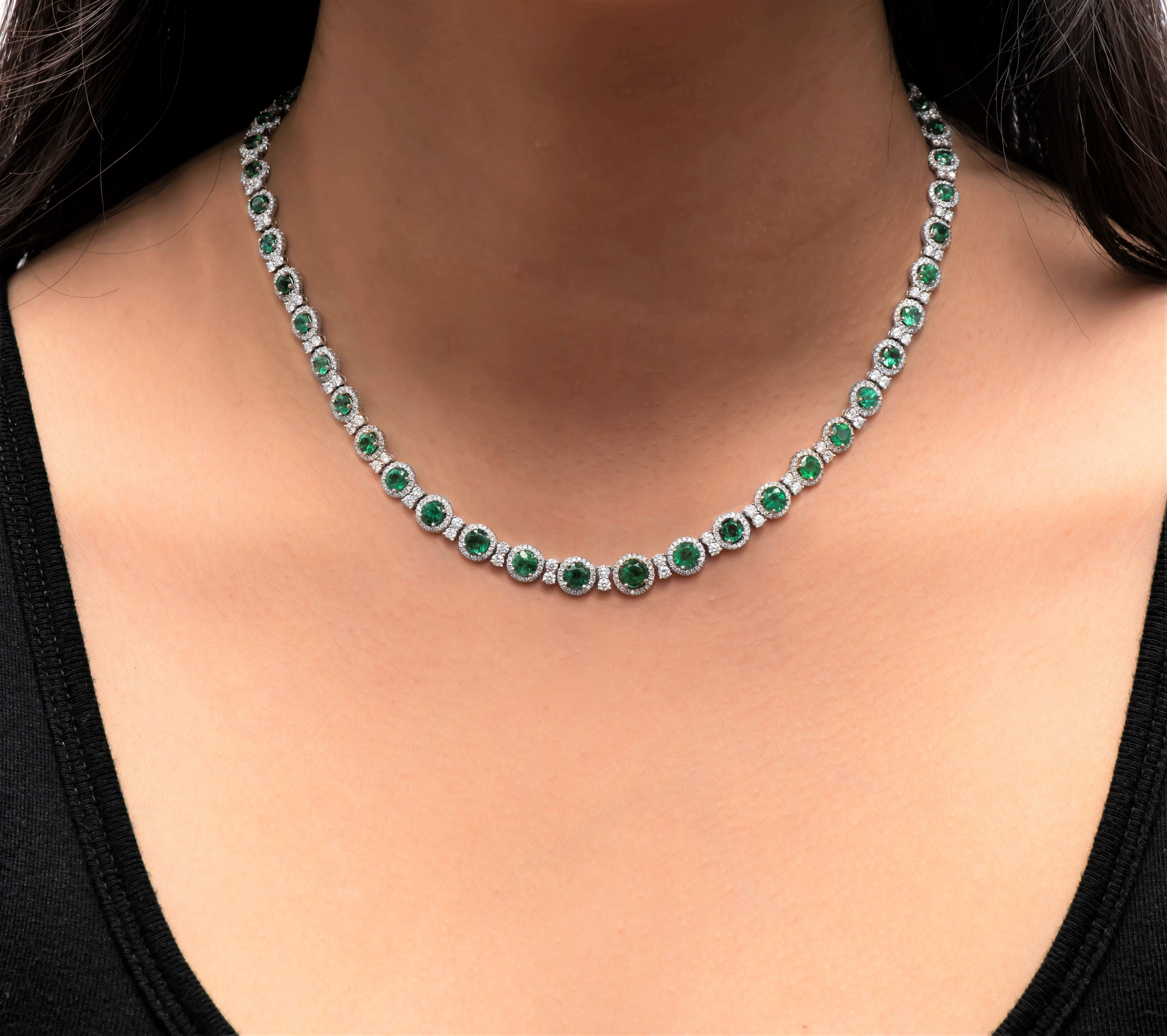 Round Cut 10.76 Carat Total Fine Emeralds in a 6.95 Carat Total Weight Diamond Necklace