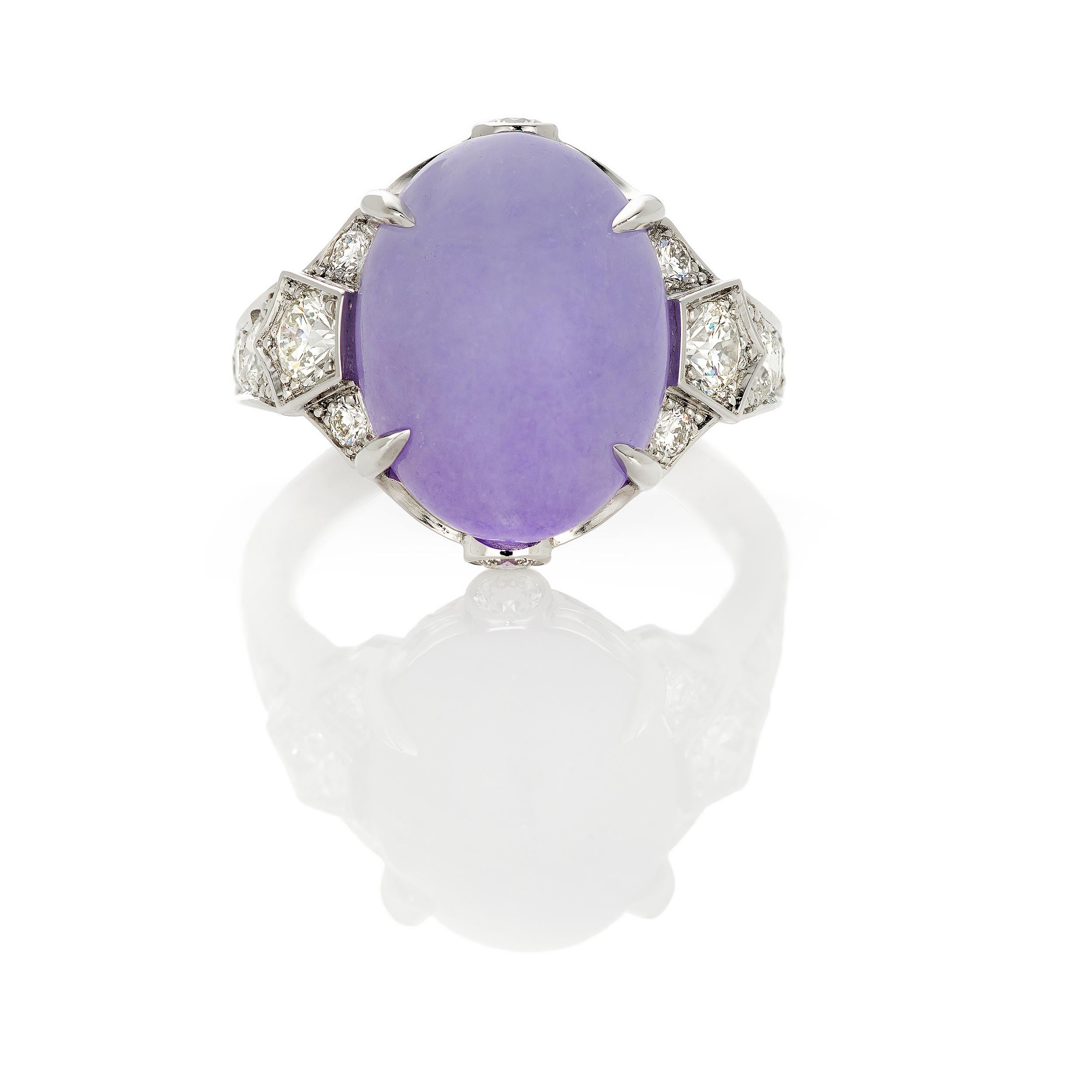 A one of a kind modern and different interpretation with natural and untreated fine Lavender Jadeite weighing 9.63 Carats.  This 11.4 x 15.0 x 6.9 mm Lavender Jadeite has a clean design with attention to detail from every possible angle.  A
