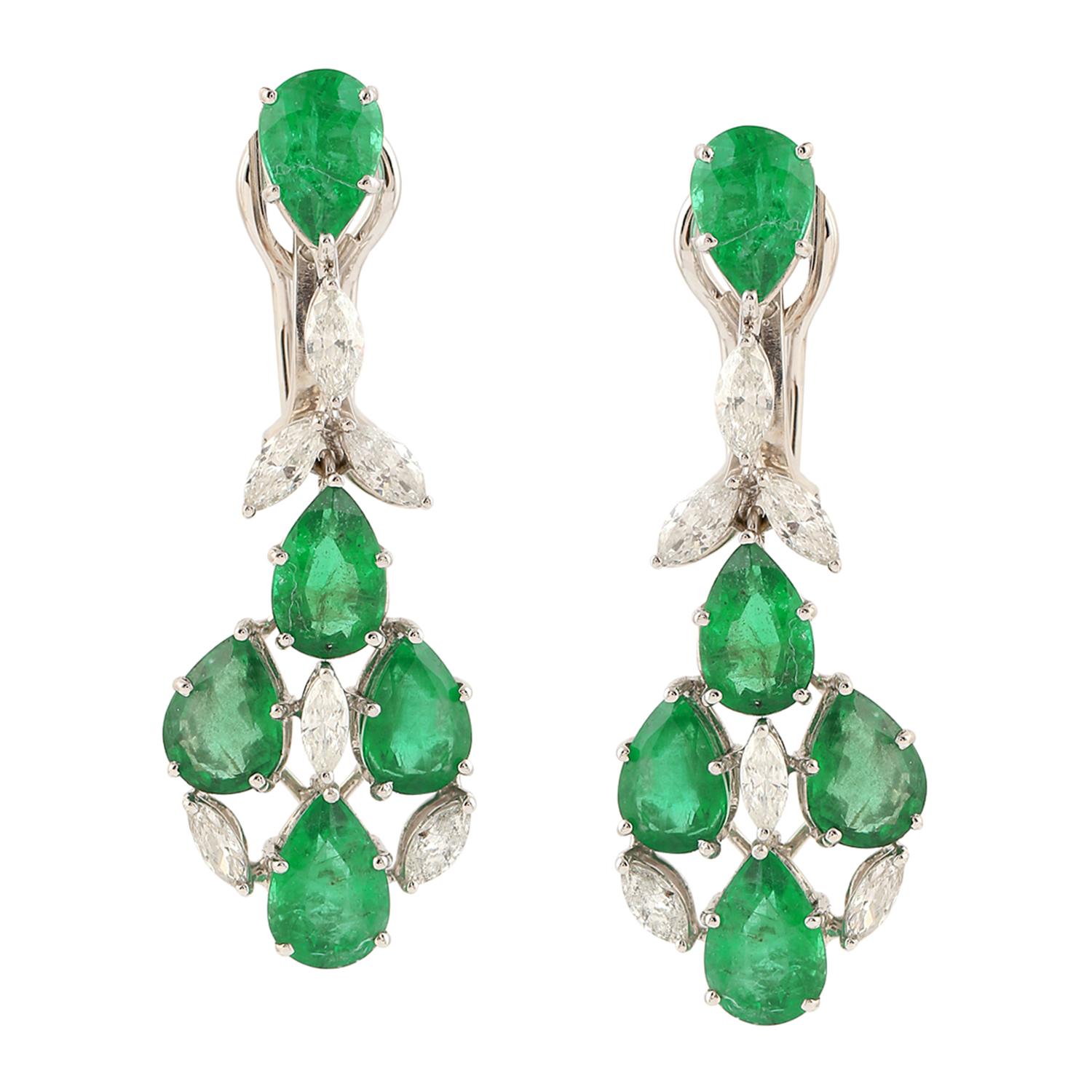 Modern 10.76 Carats Zambian Emerald 1.62 Carats Diamond 14 Karat Gold Drop Earrings For Sale