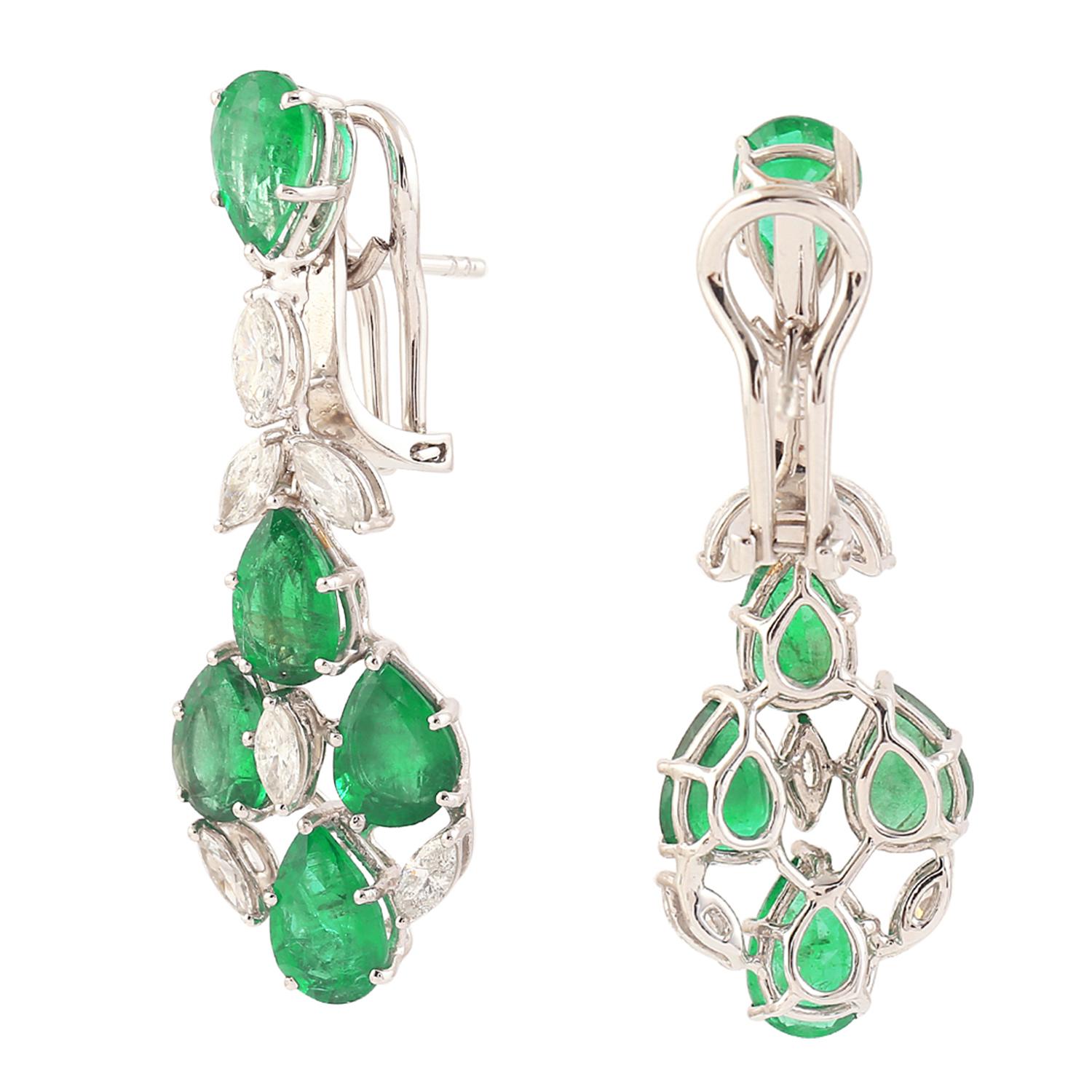 Pear Cut 10.76 Carats Zambian Emerald 1.62 Carats Diamond 14 Karat Gold Drop Earrings For Sale