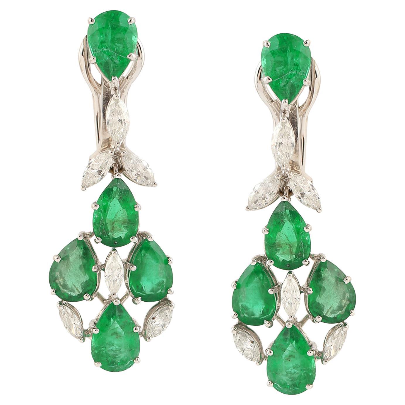10.76 Carats Zambian Emerald 1.62 Carats Diamond 14 Karat Gold Drop Earrings For Sale