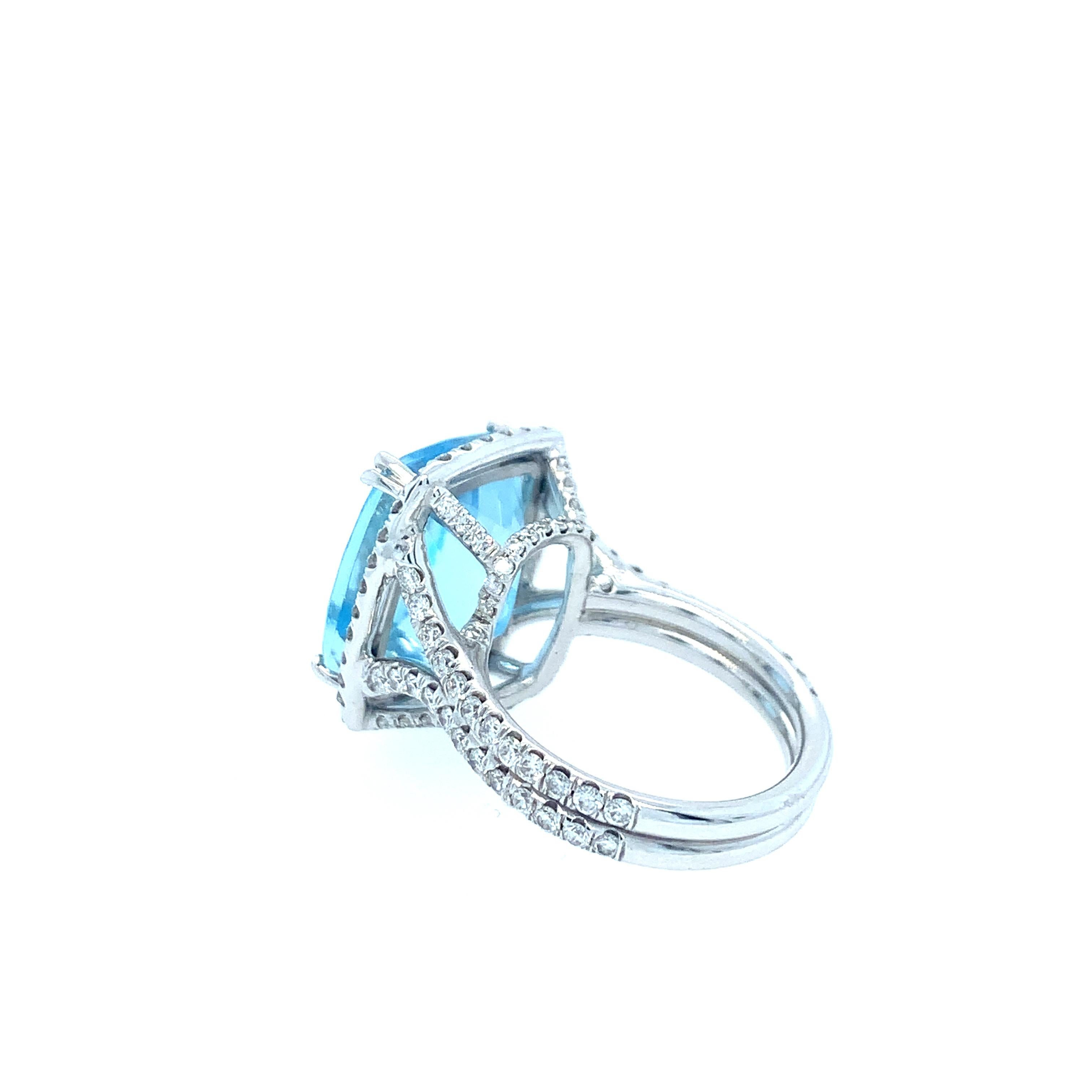 Cushion Cut 10.77 Carat Aquamarine and 1.27 Carat Diamond Ring For Sale