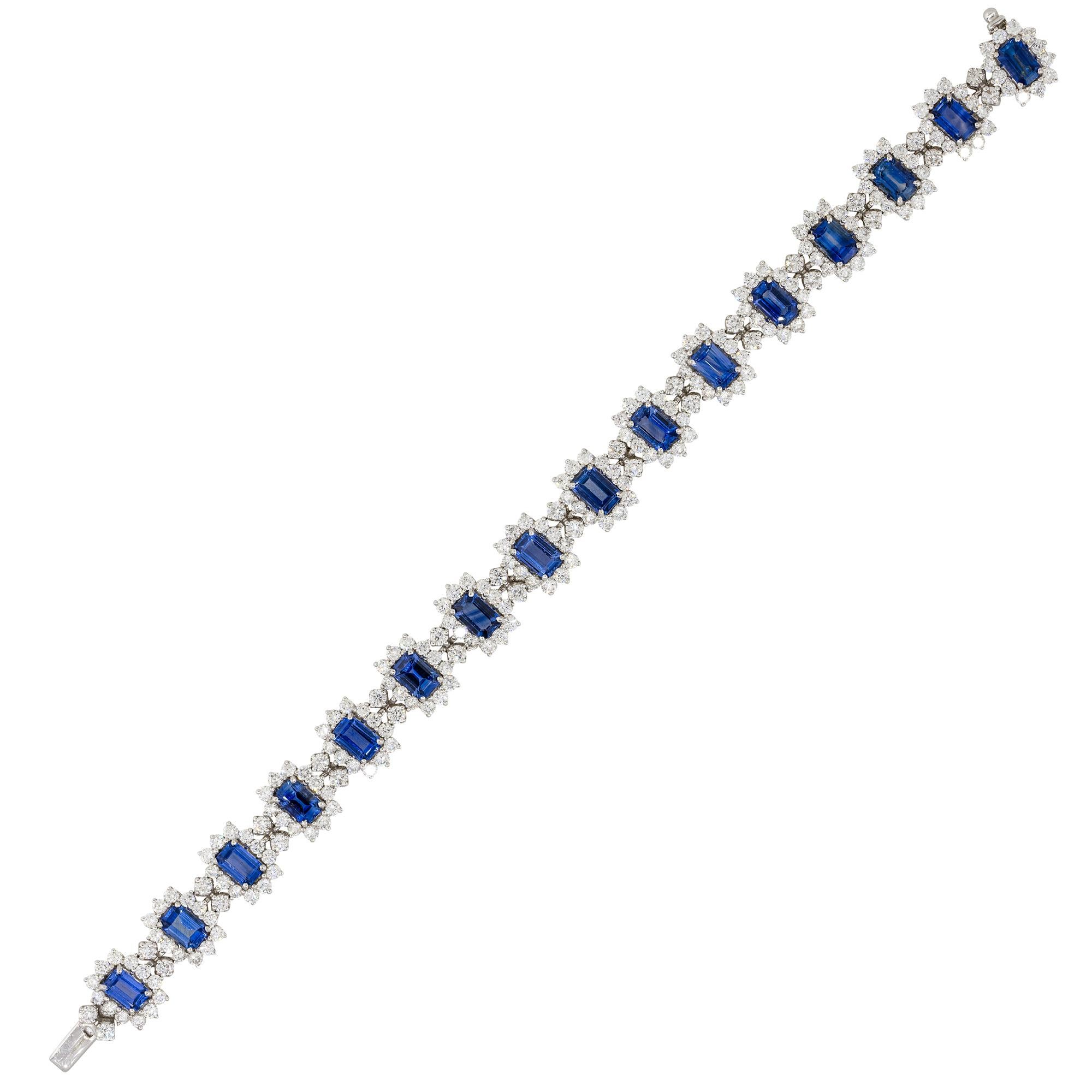 Material: 18k White gold
Diamond details: Approximately 7.17ctw of round brilliant diamonds. Diamonds are G/H in color and SI in clarity
Gemstone details: Approximately 10.77ctw of oval cut sapphires. 
Wrist size: Will fit up to a 7