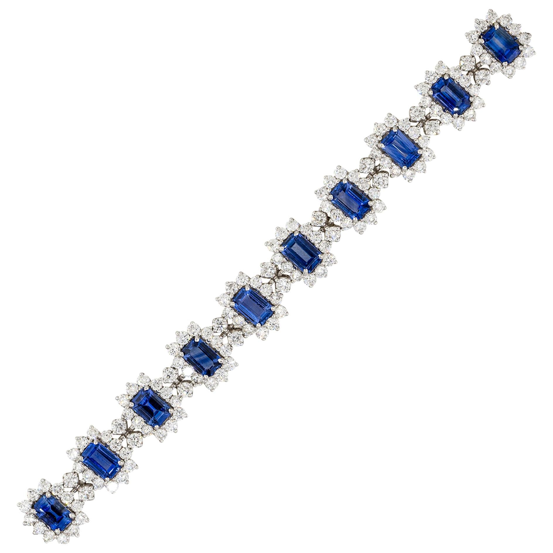 10.77 Carat Emerald Cut Sapphire Flower Bracelet with Diamonds 18 Karat in Stock