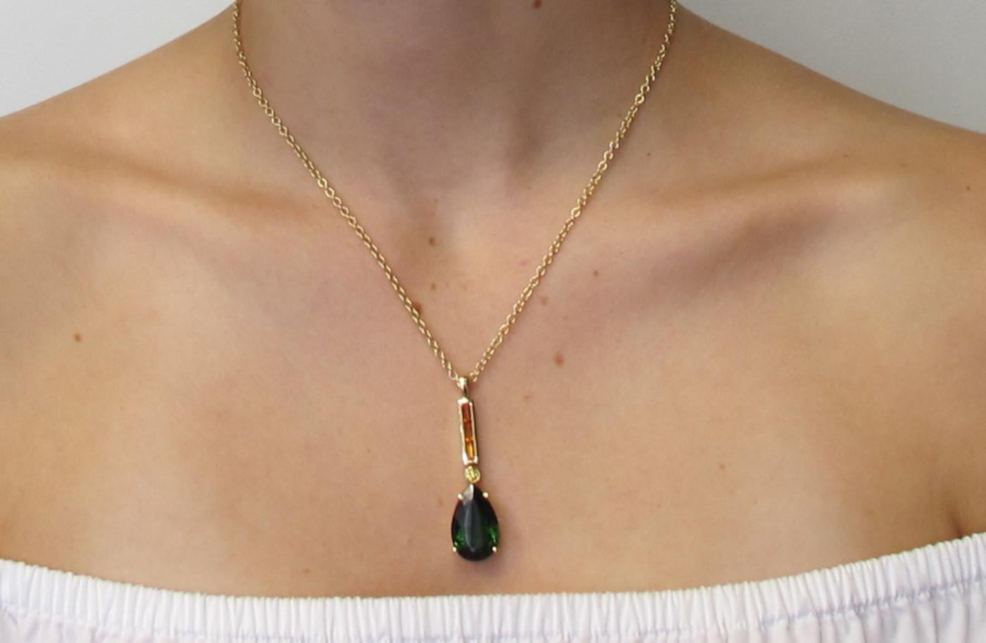 10.77 Carat Green Tourmaline Pendant with Citrine and Diamond in Yellow Gold   For Sale 3