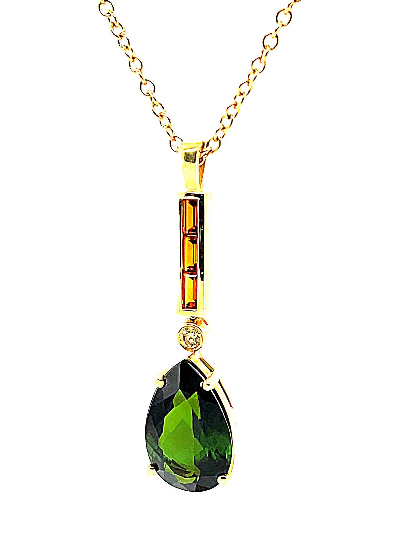 Women's or Men's 10.77 Carat Green Tourmaline Pendant with Citrine and Diamond in Yellow Gold   For Sale