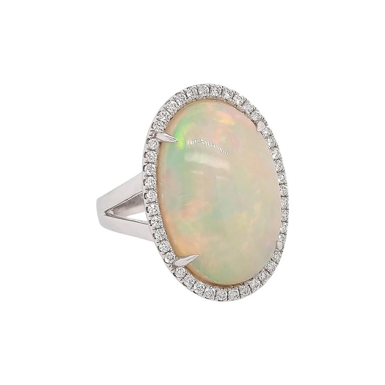 Bague Opale Naturelle & Diamant - Platine 900 - Taille US 5,75 - Occasion Excellent état