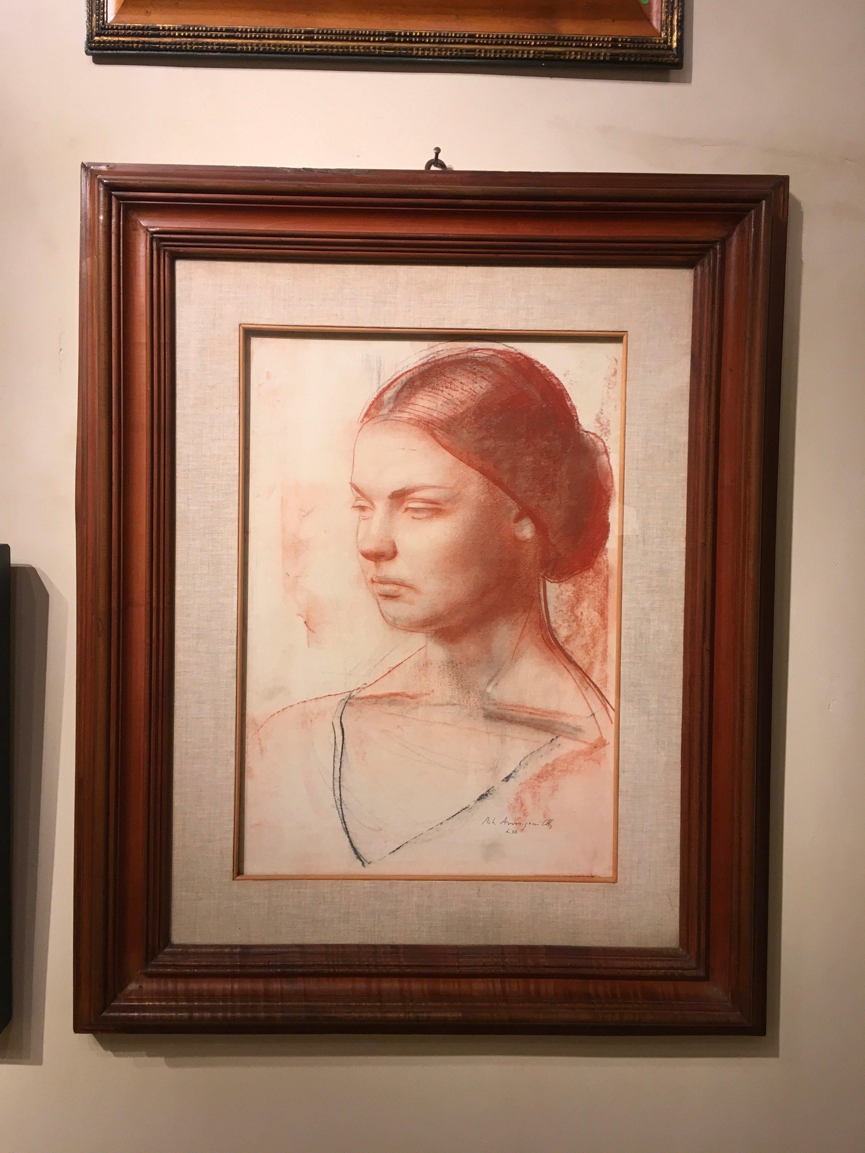« Jeune dame » sur papier de Pietro Annigoni, peintre de la reine Elisabeth  1970 - Art de Annigoni Pietro