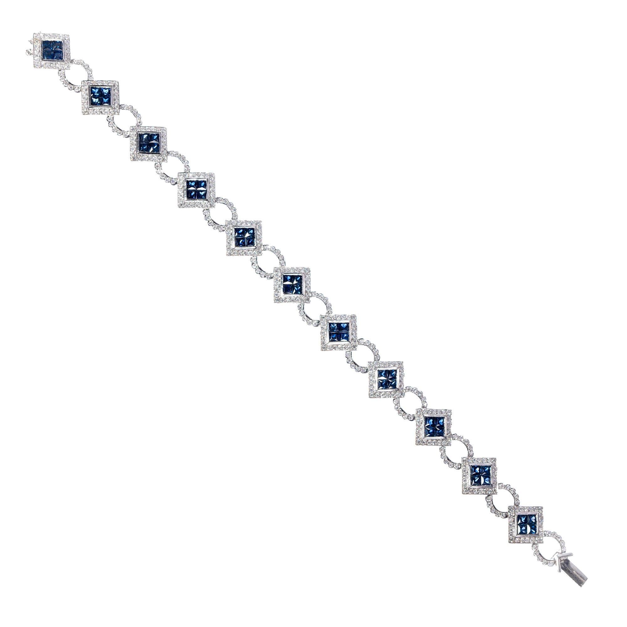 Square Cut Dilamani 10.78 Carat Sapphire Diamond Gold Bracelet For Sale