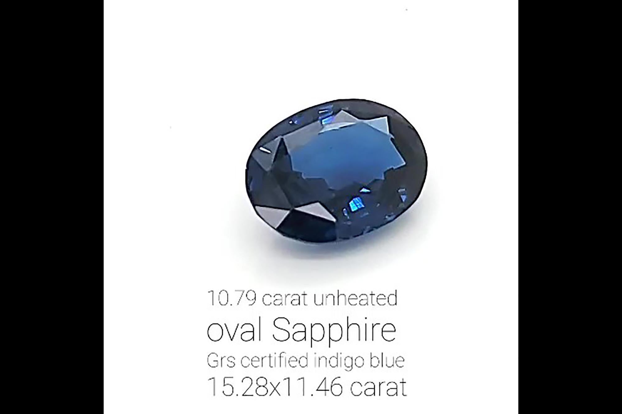 10.79 carat Natural Blue UnHeated Sapphire, of a high quality intense blue, transparent mineral with no inclusions, perfect choice for collectors or to commission a custom, unique piece of jewelry with it. 
GRS Certified gemstone
We are master