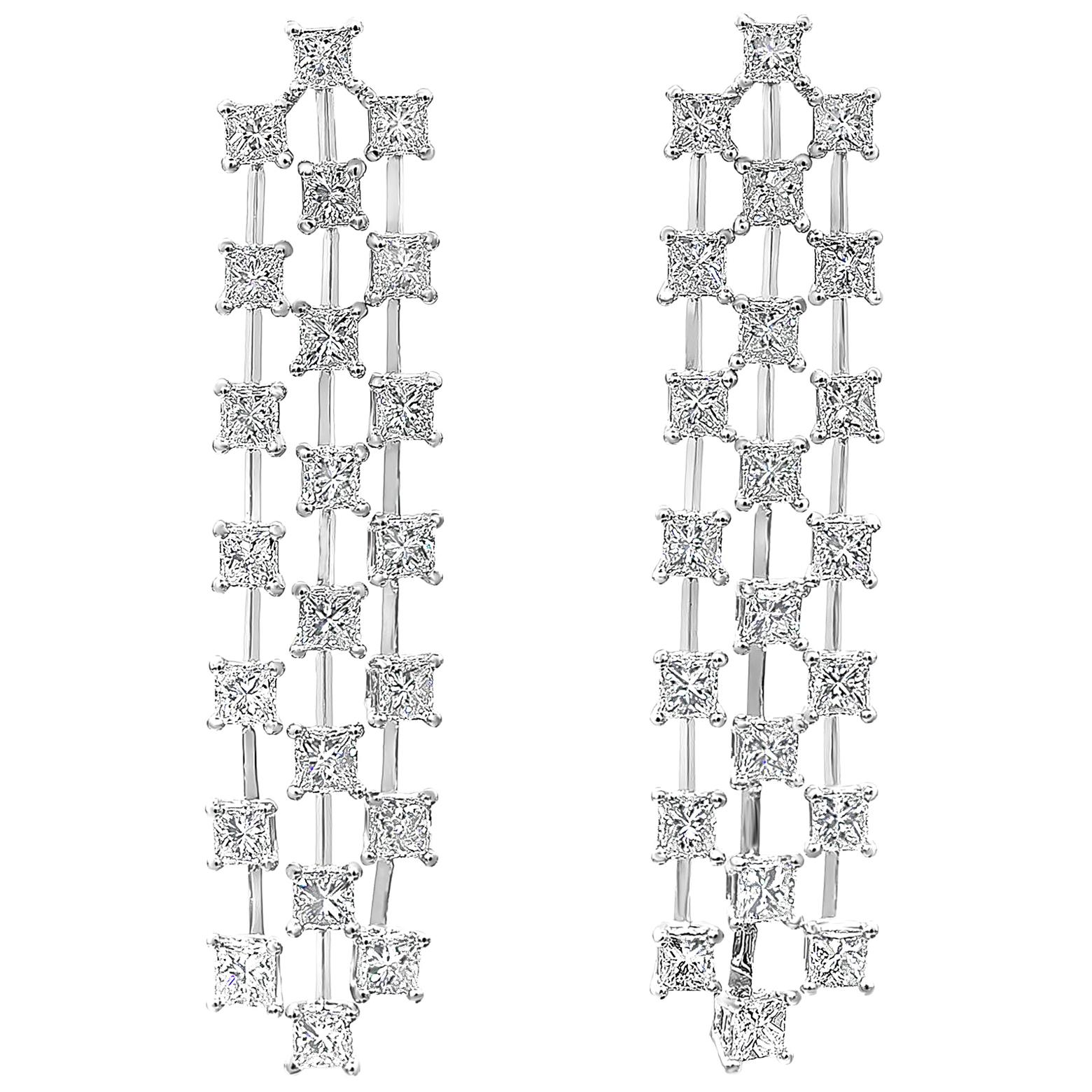 10.79 Carats Total Princess Cut Diamond Three-Row Waterfall Drop Earrings For Sale