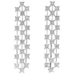 10.79 Carats Total Princess Cut Diamond Three-Row Waterfall Drop Earrings