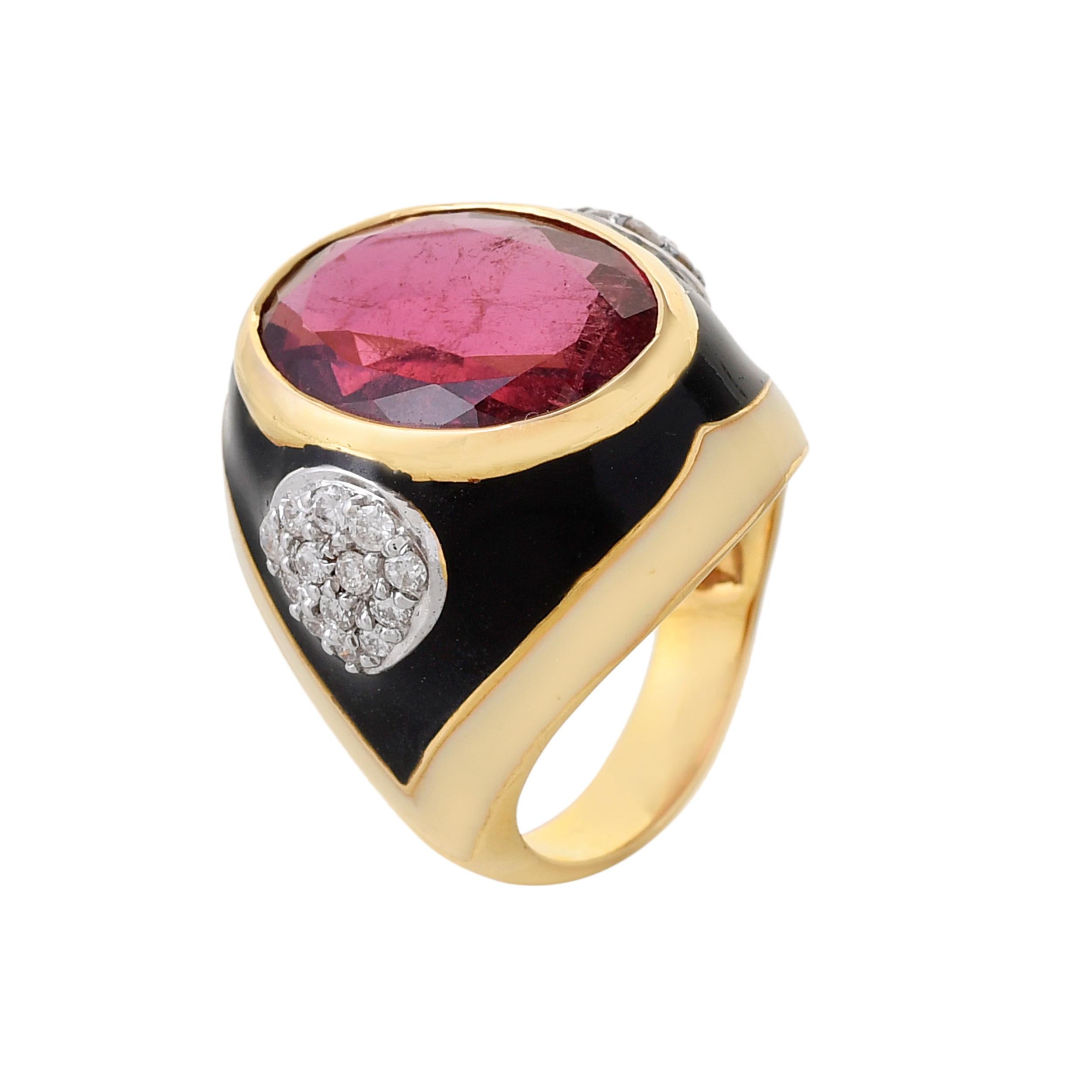 One-of-a-kind treasures from our limited-edition collection, this gorgeous oval rubellite weighing approximately 10.79 carats insert within a yellow gold bezel embraced by black enamel futher enhanced with pave set diamonds with a total diamond