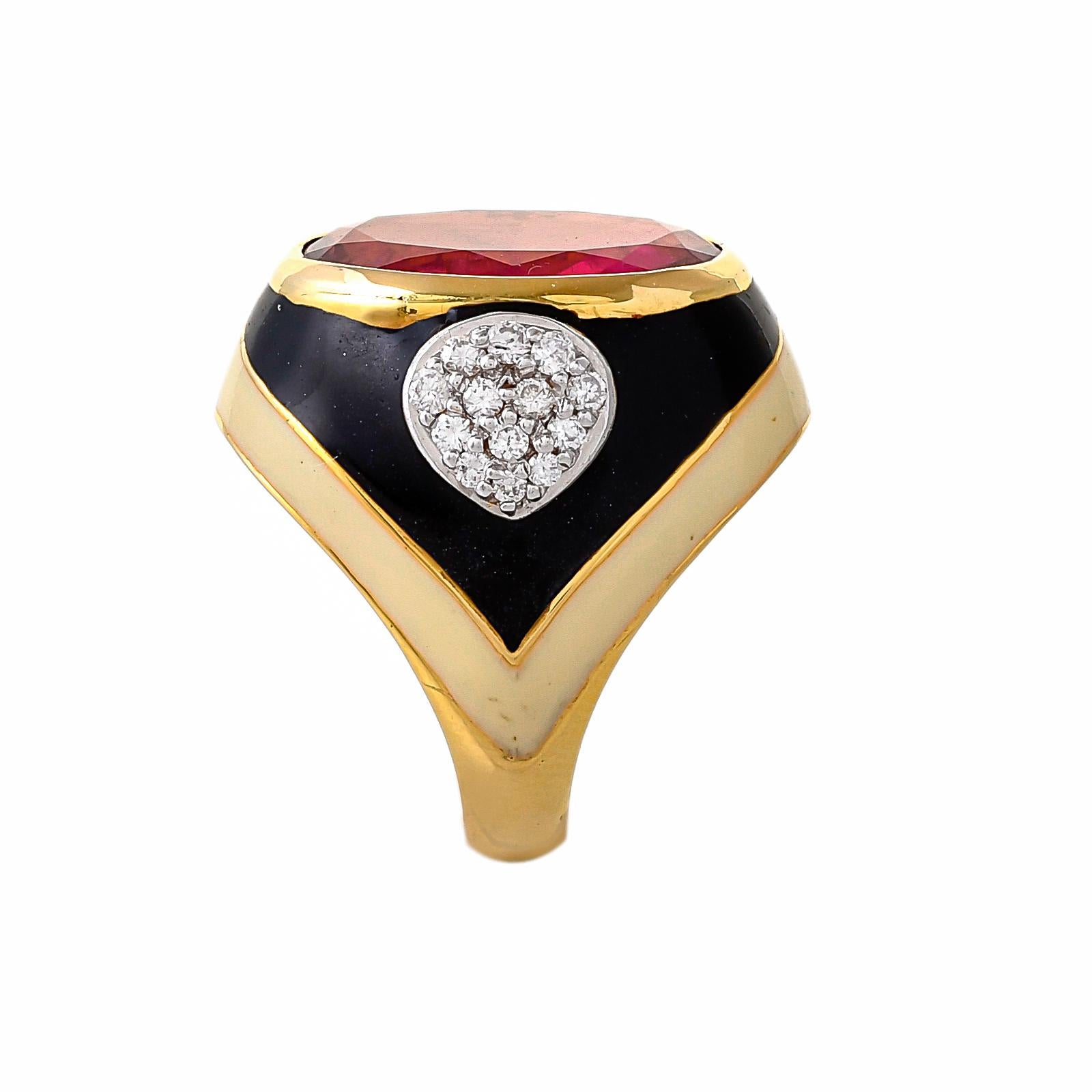 Oval Cut 10.79 Carat Rubellite Black Enamel and Diamond 18kt Yellow Gold Signet Ring For Sale