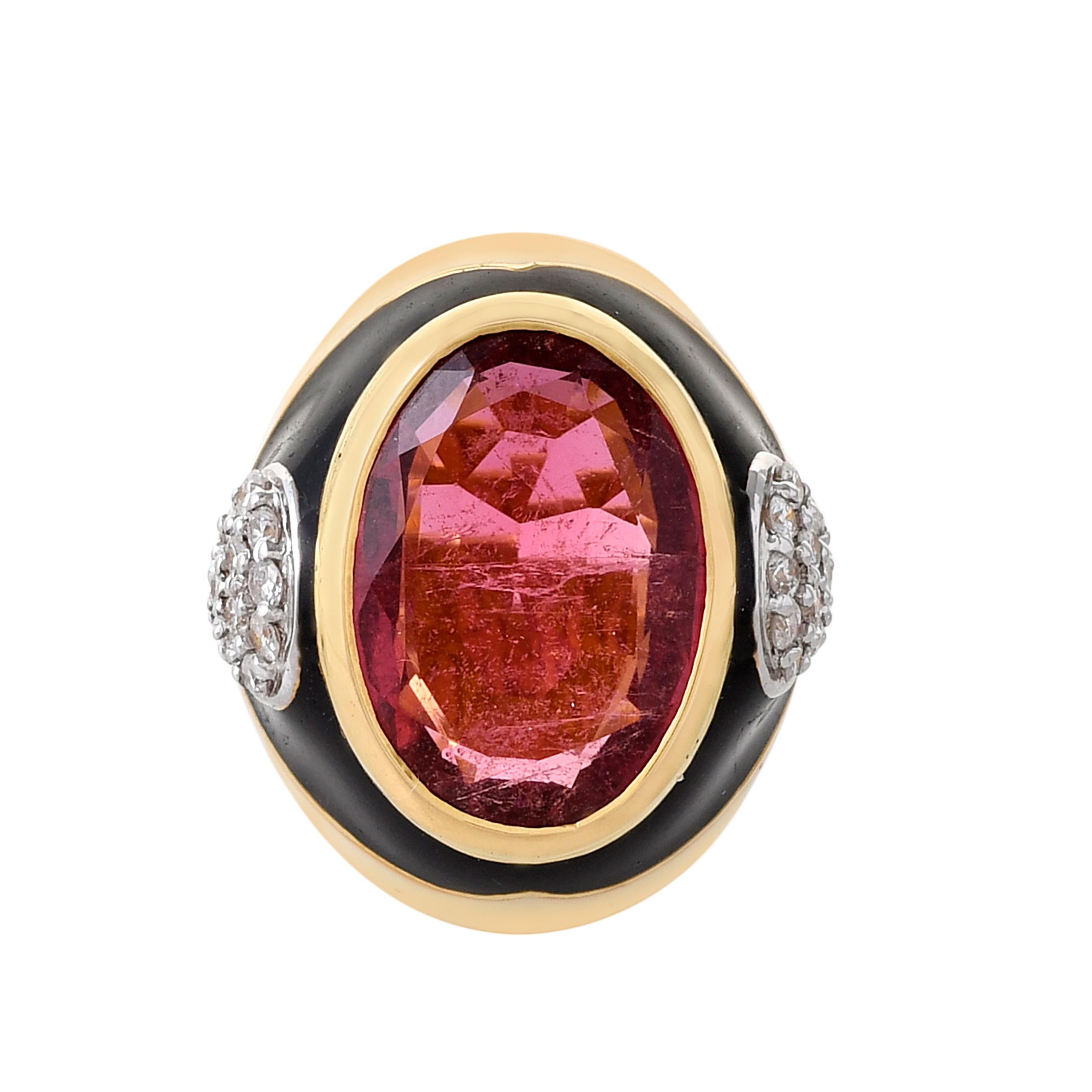 Women's 10.79 Carat Rubellite Black Enamel and Diamond 18kt Yellow Gold Signet Ring For Sale