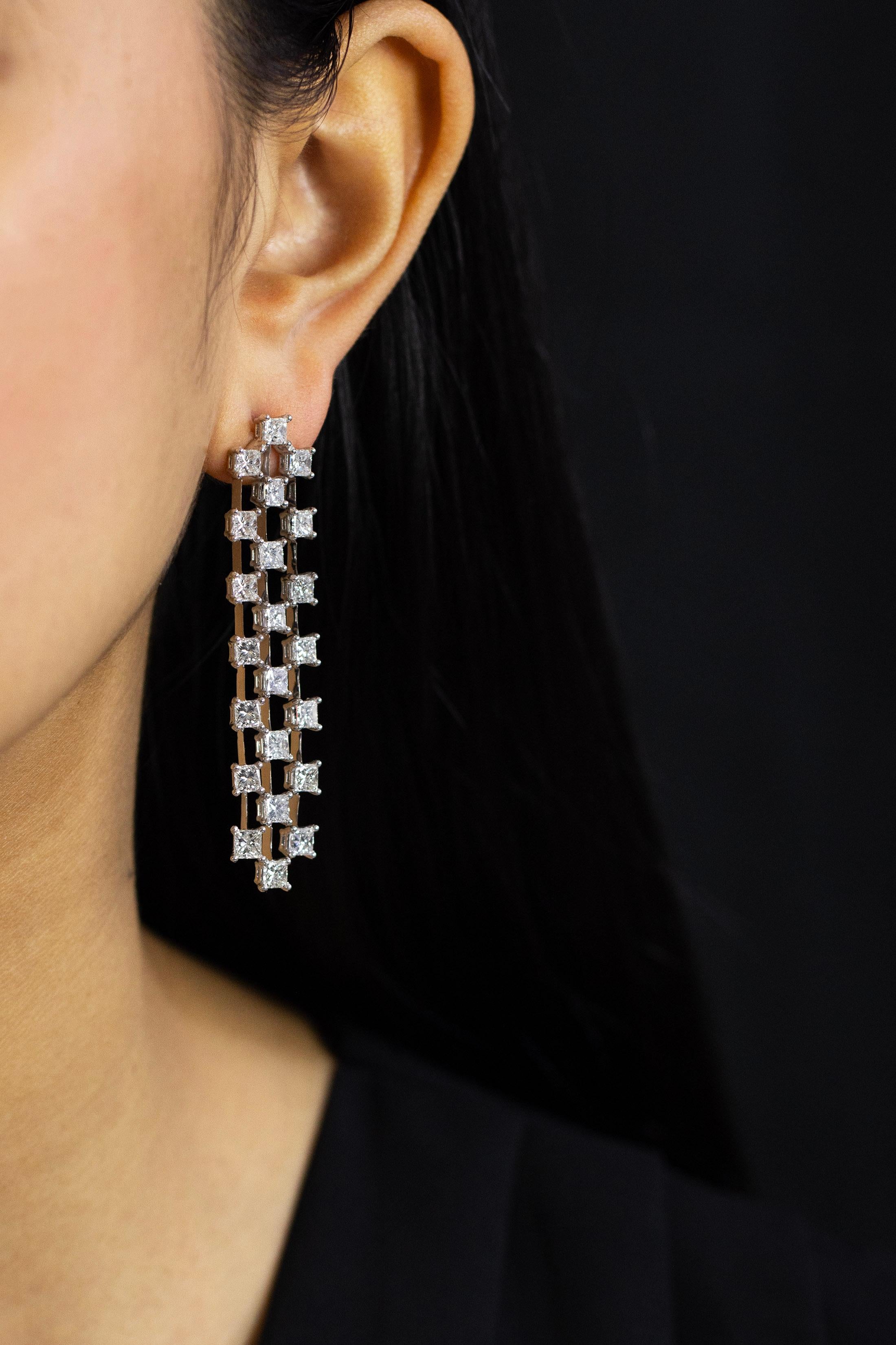 Contemporary 10.79 Carats Total Princess Cut Diamond Three-Row Waterfall Drop Earrings For Sale