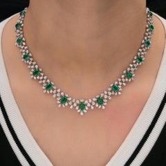 10.79 Ct Zambian Emerald and 10.66 Ct Diamond Cluster Necklace 18K White Gold