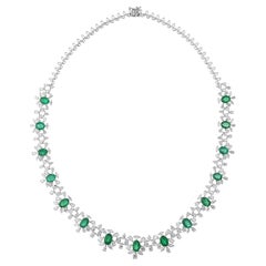 10.79 Ct Zambian Emerald and 10.66 Ct Diamond Cluster Necklace 18K White Gold