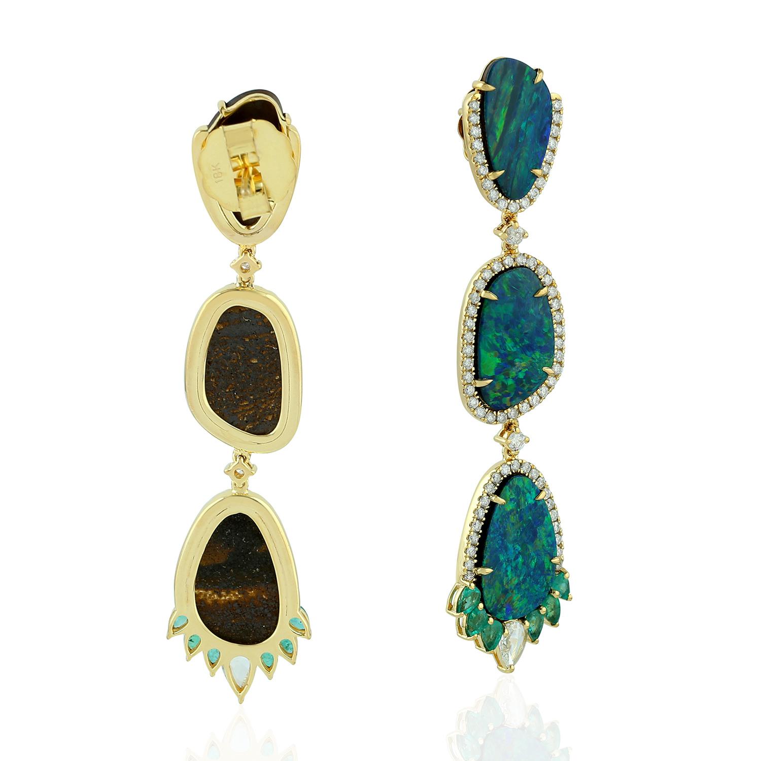 Contemporary 10.79ct 3 Tier Opal Dangle Earrings With Emerald & Diamonds In 18k yellow Gold For Sale