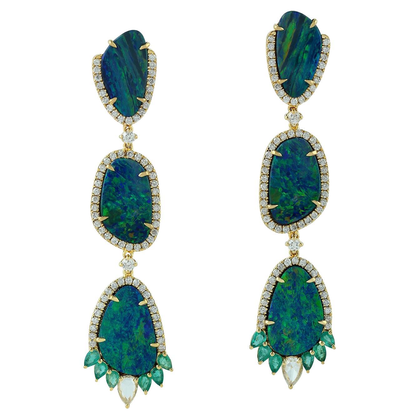 10.79ct 3 Tier Opal Dangle Earrings With Emerald & Diamonds In 18k yellow Gold