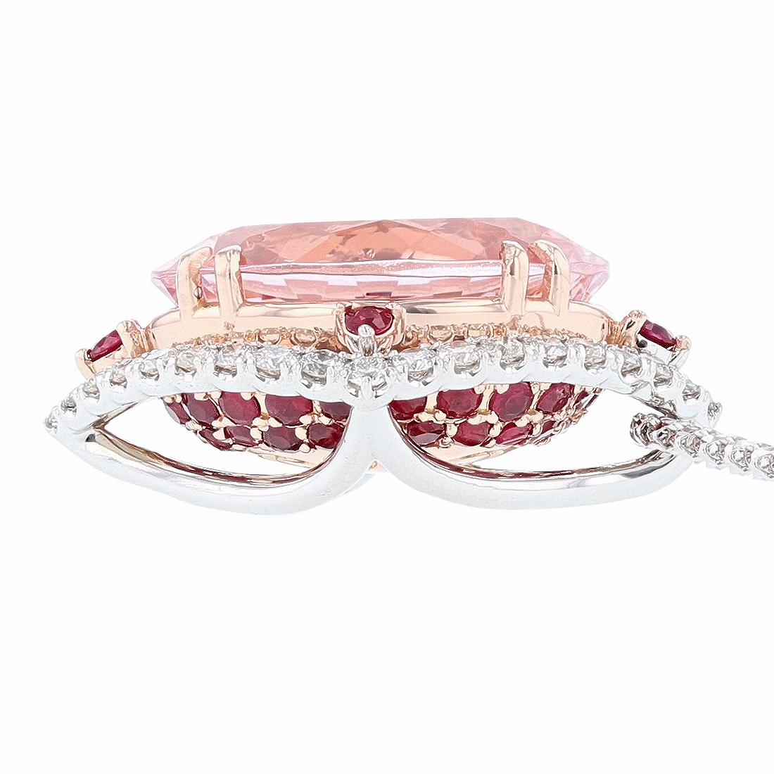 Modern 10.79ct Morganite 0.80ct Diamond 1.30ct Ruby 14k White Gold Necklace For Sale