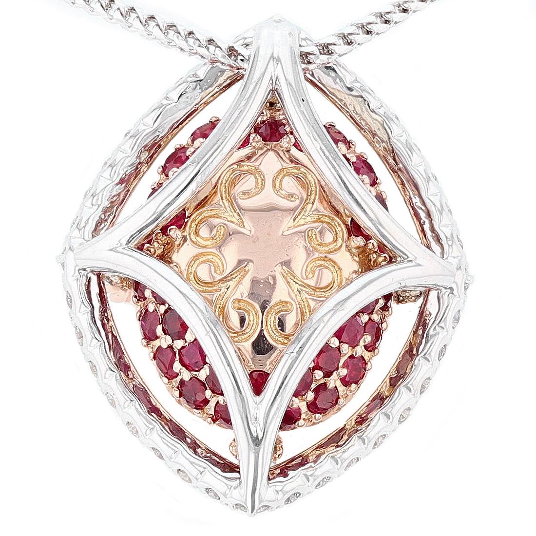 10.79ct Morganite 0.80ct Diamond 1.30ct Ruby 14k White Gold Necklace In New Condition For Sale In Houston, TX