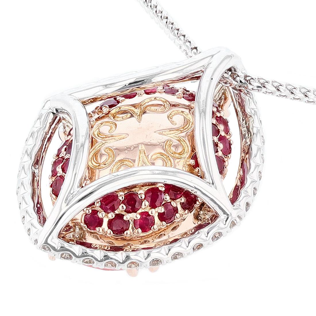 Women's or Men's 10.79ct Morganite 0.80ct Diamond 1.30ct Ruby 14k White Gold Necklace For Sale